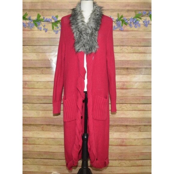 Jamie Gries Hot Pink Chunky Duster Cardigan Sweater Plus Size 1X Faux Fur Collar - Picture 3 of 12